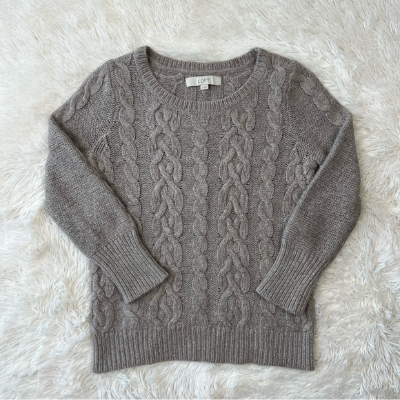 Loft cable knit chunky tan sweater crewneck shimmer light metallic thread Sz S - Picture 8 of 8